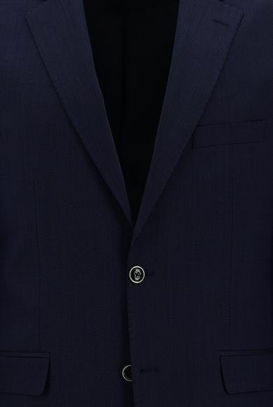 Erkek Giyim - ORTA LACİVERT 52 Beden Yünlü Klasik Desenli Takım Elbise