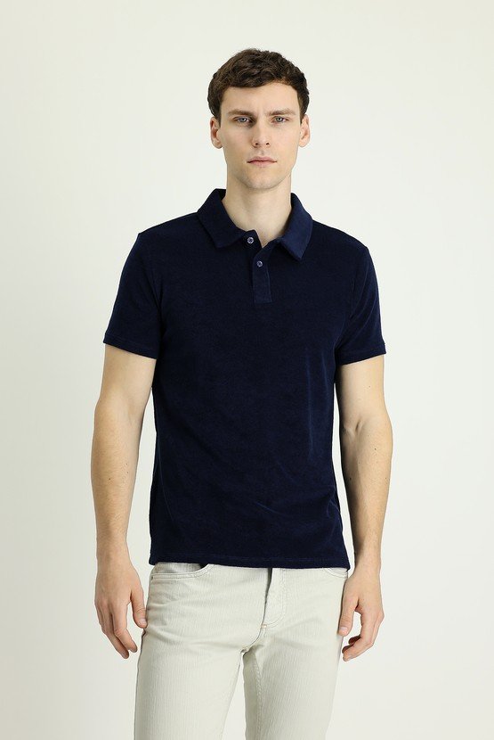 Erkek Giyim - Polo Yaka Slim Fit Dar Kesim Havlu Kumaş Pamuklu Tişört
