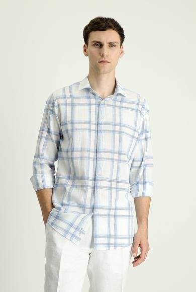 Erkek Giyim - AÇIK MAVİ XS Beden Uzun Kol Slim Fit Dar Kesim Ekose Keten Gömlek