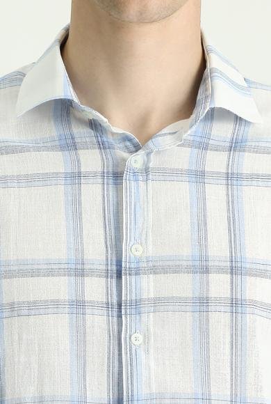Erkek Giyim - AÇIK MAVİ XS Beden Uzun Kol Slim Fit Dar Kesim Ekose Keten Gömlek