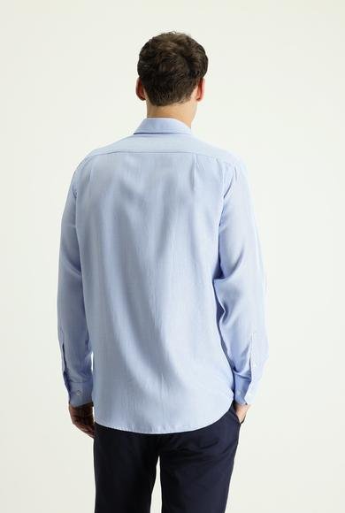 Erkek Giyim - GÖK MAVİSİ 6X Beden Uzun Kol Regular Fit Çizgili Pamuklu Gömlek