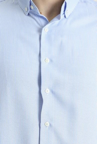 Erkek Giyim - GÖK MAVİSİ 6X Beden Uzun Kol Regular Fit Çizgili Pamuklu Gömlek