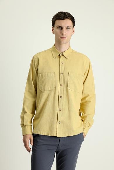Erkek Giyim - KOYU BEJ 4X Beden Uzun Kol Regular Fit Cepli Pamuk Spor Gömlek