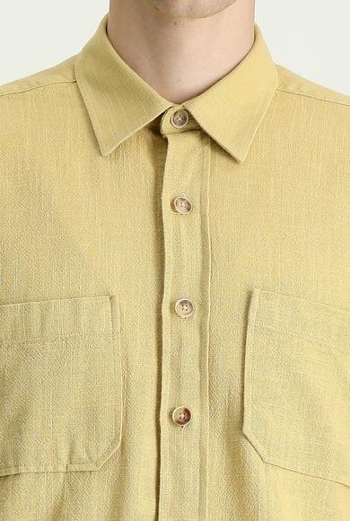Erkek Giyim - KOYU BEJ 4X Beden Uzun Kol Regular Fit Cepli Pamuk Spor Gömlek