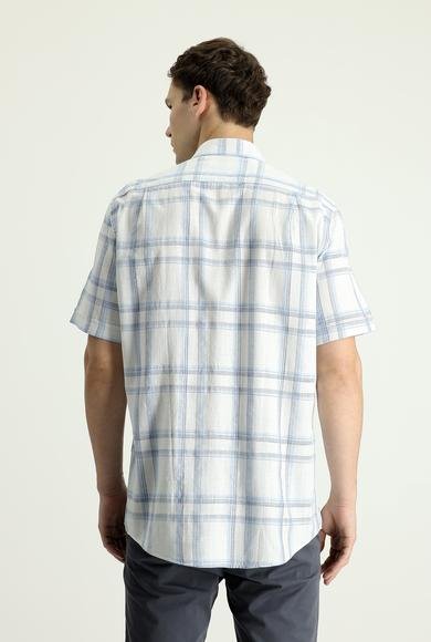 Erkek Giyim - AÇIK MAVİ M Beden Kısa Kol Regular Fit Ekose Pamuk Spor Gömlek