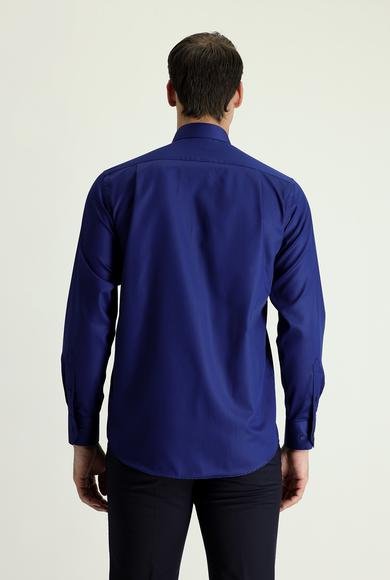 Erkek Giyim - ORTA LACİVERT L Beden Uzun Kol Non Iron Saten Klasik Pamuklu Gömlek