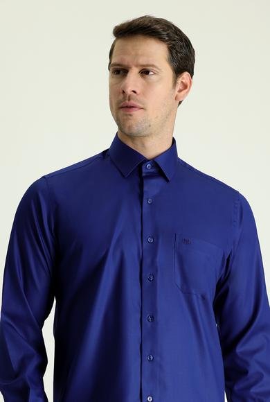Erkek Giyim - ORTA LACİVERT L Beden Uzun Kol Non Iron Saten Klasik Pamuklu Gömlek