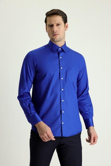 Erkek Giyim - SAKS MAVİ XL Beden Uzun Kol Non Iron Saten Klasik Pamuklu Gömlek