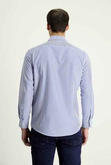Erkek Giyim - KOYU MAVİ XL Beden Uzun Kol Slim Fit Dar Kesim Çizgili Pamuklu Gömlek