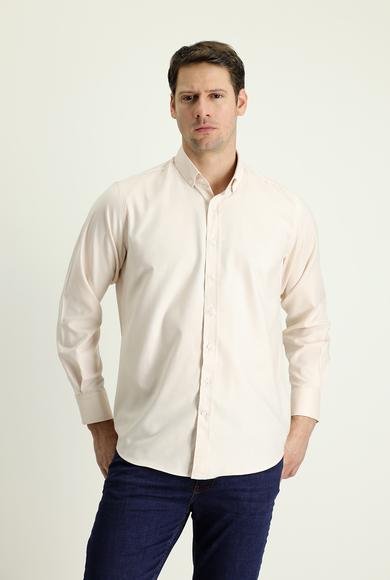 Erkek Giyim - AÇIK BEJ L Beden Uzun Kol Regular Fit Oxford Pamuk Gömlek
