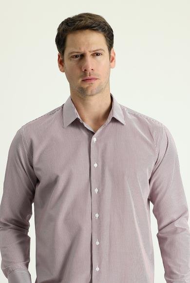 Erkek Giyim - AÇIK BORDO L Beden Uzun Kol Slim Fit Dar Kesim Çizgili Pamuklu Gömlek