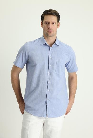 Erkek Giyim - KOYU MAVİ 3X Beden Kısa Kol Regular Fit Pamuklu Keten Gömlek