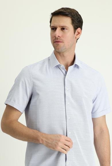 Erkek Giyim - KOYU MAVİ M Beden Kısa Kol Regular Fit Desenli Pamuklu Gömlek