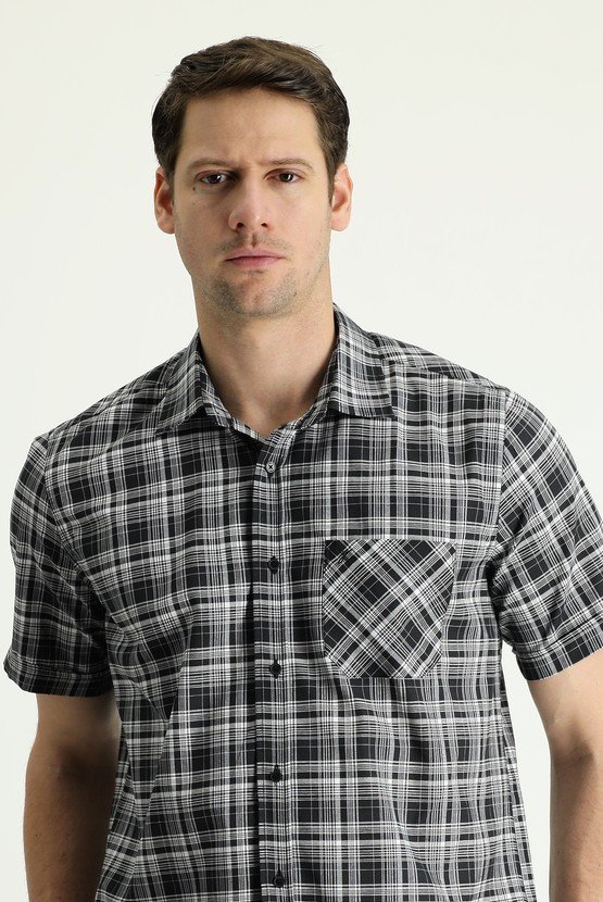 Erkek Giyim - Kısa Kol Regular Fit Ekose Spor Pamuklu Gömlek