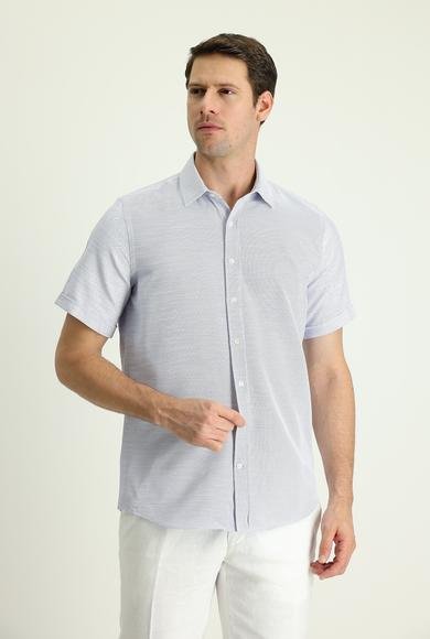 Erkek Giyim - MAVİ L Beden Kısa Kol Regular Fit Keten Görünümlü Pamuklu Gömlek