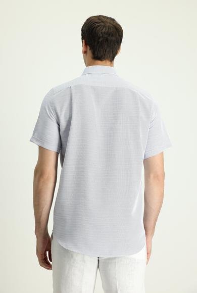 Erkek Giyim - MAVİ L Beden Kısa Kol Regular Fit Keten Görünümlü Pamuklu Gömlek
