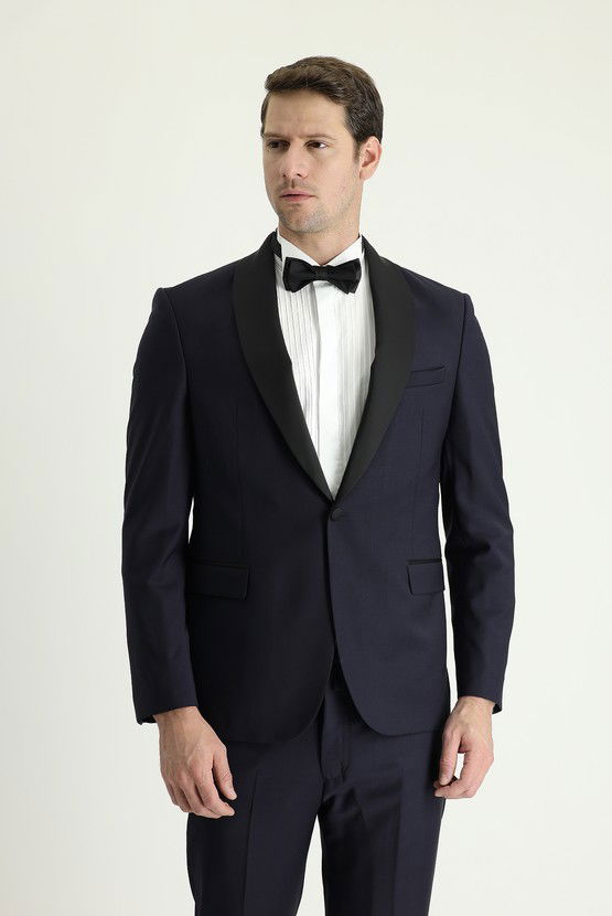 Erkek Giyim - Slim Fit Dar Kesim Şal Yaka Yünlü Smokin & Damatlık