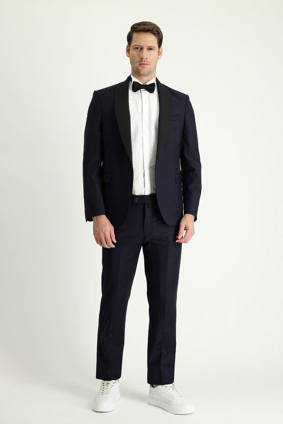 Erkek Giyim - Slim Fit Dar Kesim Şal Yaka Yünlü Smokin & Damatlık