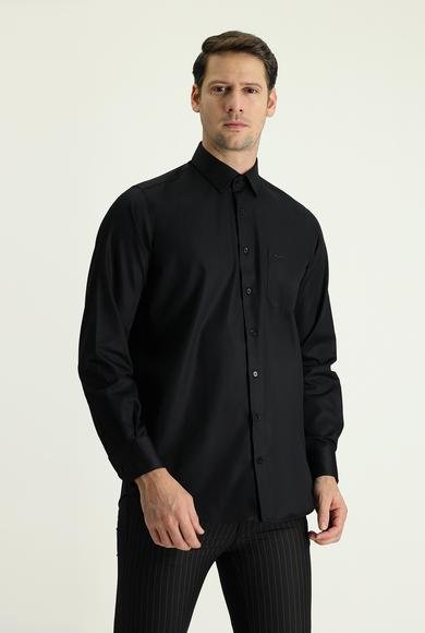 Erkek Giyim - SİYAH L Beden Uzun Kol Non Iron Saten Klasik Pamuklu Gömlek