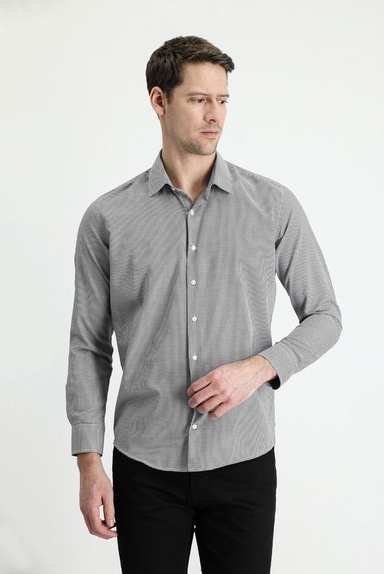 Erkek Giyim - Uzun Kol Slim Fit Dar Kesim Klasik Desenli Pamuklu Kolay Ütülenebilir Gömlek