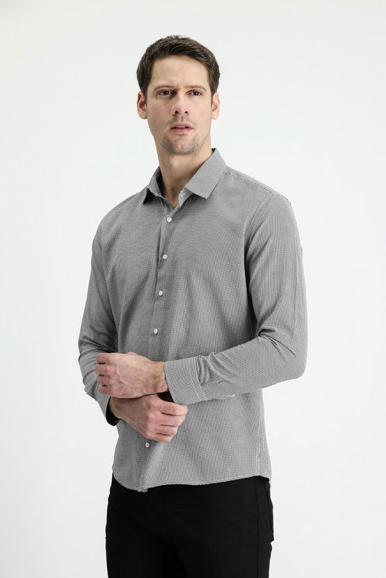 Erkek Giyim - Uzun Kol Slim Fit Dar Kesim Klasik Desenli Pamuklu Kolay Ütülenebilir Gömlek