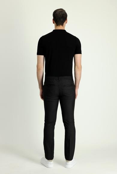 Erkek Giyim - SİYAH 54 Beden Slim Fit Dar Kesim Beli Lastikli Çizgili Likralı Klasik Kumaş Pantolon