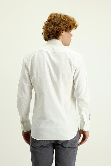 Erkek Giyim - Beyaz M Beden Uzun Kol Slim Fit Dar Kesim Pamuk Spor Gömlek