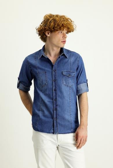 Erkek Giyim - İNDİGO XL Beden Uzun Kol Slim Fit Dar Kesim Denim Pamuk Gömlek
