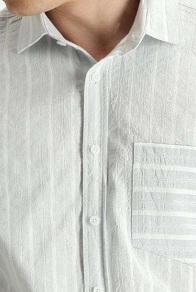 Erkek Giyim - Açık Gri S Beden Uzun Kol Slim Fit Dar Kesim Çizgili Pamuk Spor Gömlek