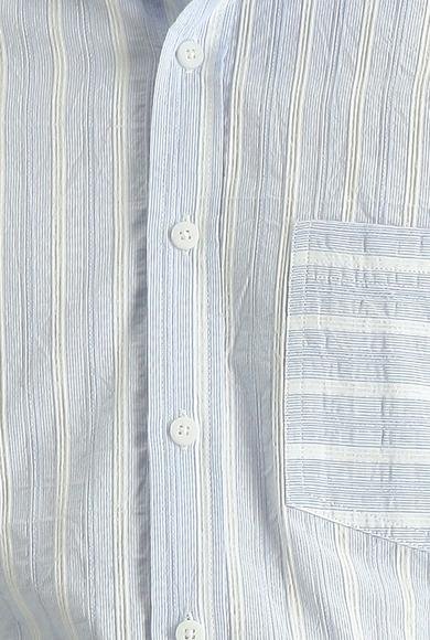 Erkek Giyim - Açık Mavi S Beden Uzun Kol Slim Fit Dar Kesim Çizgili Pamuk Spor Gömlek