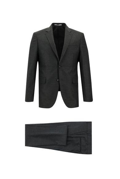 Erkek Giyim - KOYU FÜME 48 Beden Slim Fit Dar Kesim Klasik Çizgili Takım Elbise