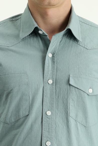 Erkek Giyim - ÇAĞLA YEŞİLİ L Beden Uzun Kol Slim Fit Dar Kesim Pamuk Spor Gömlek