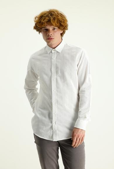 Erkek Giyim - Beyaz XL Beden Uzun Kol Slim Fit Dar Kesim Desenli Pamuk Spor Gömlek