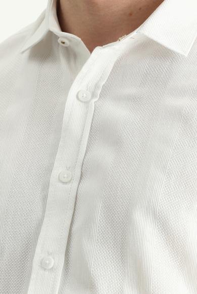 Erkek Giyim - Beyaz XL Beden Uzun Kol Slim Fit Dar Kesim Desenli Pamuk Spor Gömlek