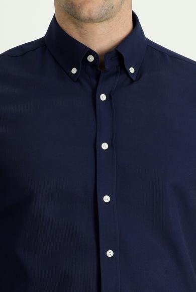 Erkek Giyim - KOYU LACİVERT L Beden Kısa Kol Regular Fit Çizgili Pamuklu Gömlek
