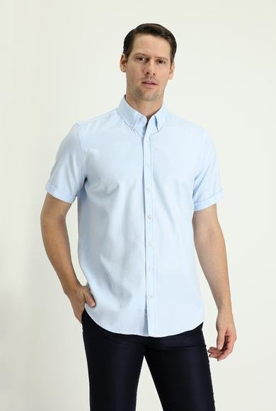 Erkek Giyim - AÇIK MAVİ L Beden Kısa Kol Regular Fit Çizgili Pamuklu Gömlek