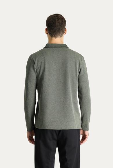 Erkek Giyim - KOYU YEŞİL 3X Beden Polo Yaka Nakışlı Sweatshirt