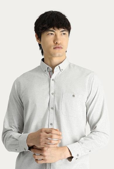 Erkek Giyim - KREM XL Beden Uzun Kol Slim Fit Dar Kesim Oduncu Pamuklu Gömlek