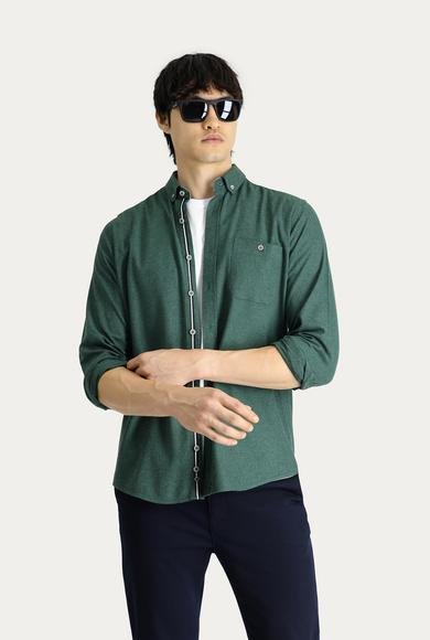 Erkek Giyim - ORMAN YEŞİLİ XL Beden Uzun Kol Slim Fit Dar Kesim Oduncu Pamuklu Gömlek