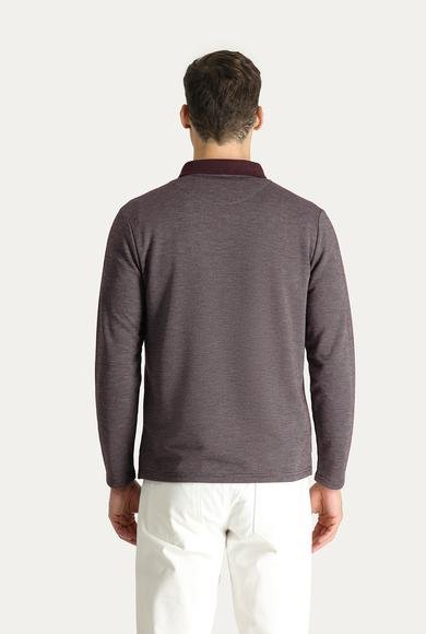Erkek Giyim - KOYU BORDO 7X Beden Polo Yaka Desenli Nakışlı Sweatshirt