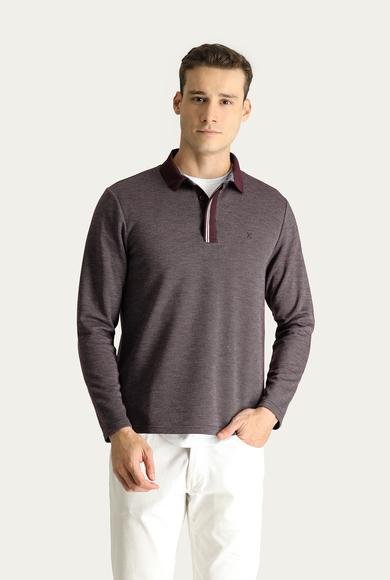 Erkek Giyim - KOYU BORDO 7X Beden Polo Yaka Desenli Nakışlı Sweatshirt