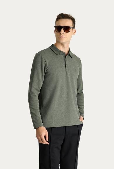 Erkek Giyim - KOYU YEŞİL 3X Beden Polo Yaka Nakışlı Sweatshirt