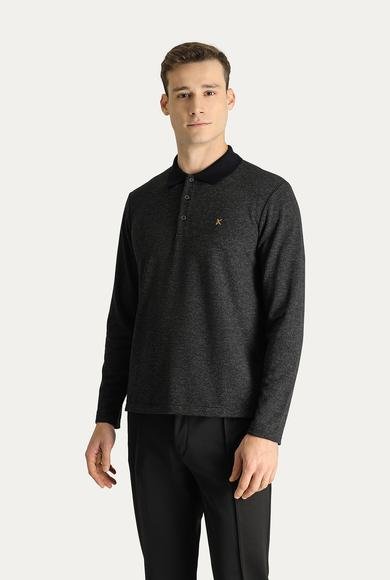 Erkek Giyim - KOYU ANTRASİT 7X Beden Polo Yaka Desenli Nakışlı Sweatshirt