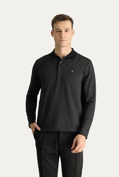 Erkek Giyim - KOYU ANTRASİT 7X Beden Polo Yaka Desenli Nakışlı Sweatshirt