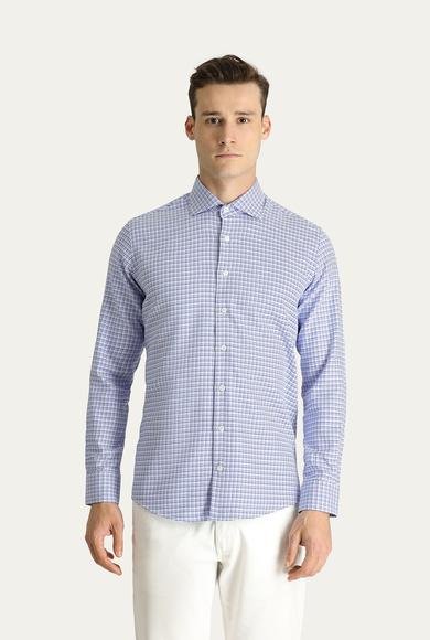 Erkek Giyim - KOYU MAVİ XL Beden Uzun Kol Slim Fit Dar Kesim Desenli Pamuk Gömlek