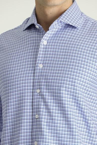 Erkek Giyim - KOYU MAVİ XL Beden Uzun Kol Slim Fit Dar Kesim Desenli Pamuk Gömlek