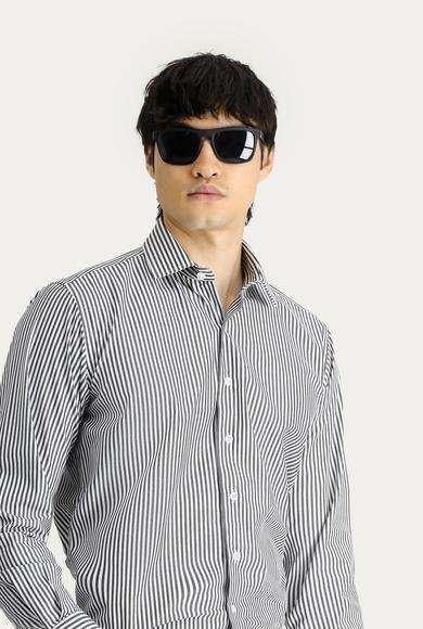 Erkek Giyim - Siyah M Beden Uzun Kol Regular Fit Çizgili Pamuk Gömlek