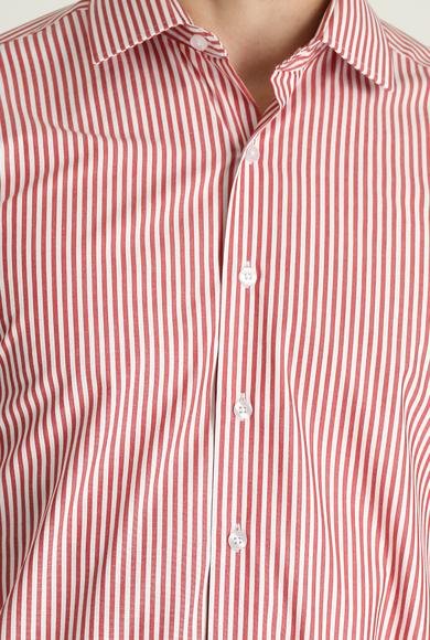 Erkek Giyim - BAYRAK KIRMIZI XXL Beden Uzun Kol Regular Fit Çizgili Pamuk Gömlek