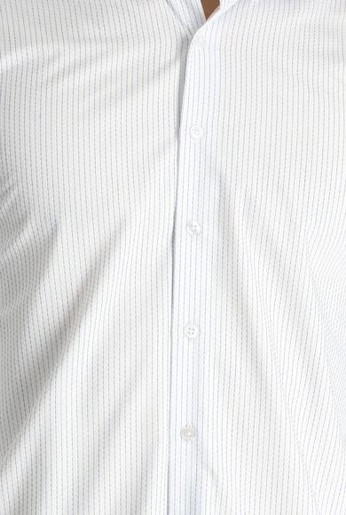 Erkek Giyim - Mavi 4X Beden Uzun Kol Klasik Çizgili Pamuk Gömlek