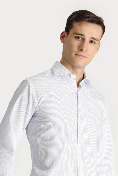 Erkek Giyim - Mavi 4X Beden Uzun Kol Klasik Çizgili Pamuk Gömlek